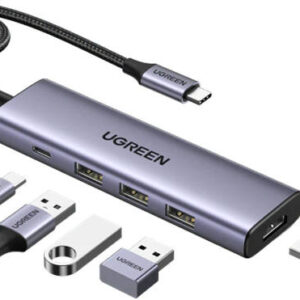 UGREEN 5-in-1 USB-C Hub, 100W PD, 4K@30Hz HDMI Resolution, Up to 5 Gbps via the 3 USB-A, Ultra Slim Design, Wide Compatibility, Gray | 15596