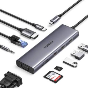 UGREEN 10 in 1 USB C Hub, Up to 4K @ 30Hz Display, 1Gbps Ethernet Speed, 100W Passthrough, 5Gbps Data Transfer Rate, 3.5mm Audio, RJ45 Ethernet, HDMI, USB-C, 3x USB-A, SD/TF Card Slot, VGA | 15601