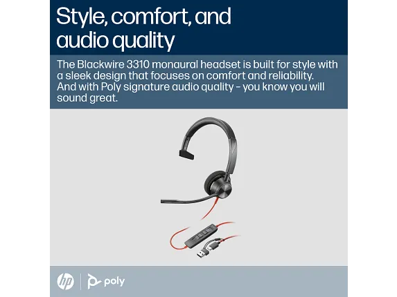 Poly Blackwire 3310 Monaural Microsoft Teams Certified USB-C Headset +USB-C/A Adapter - Image 2