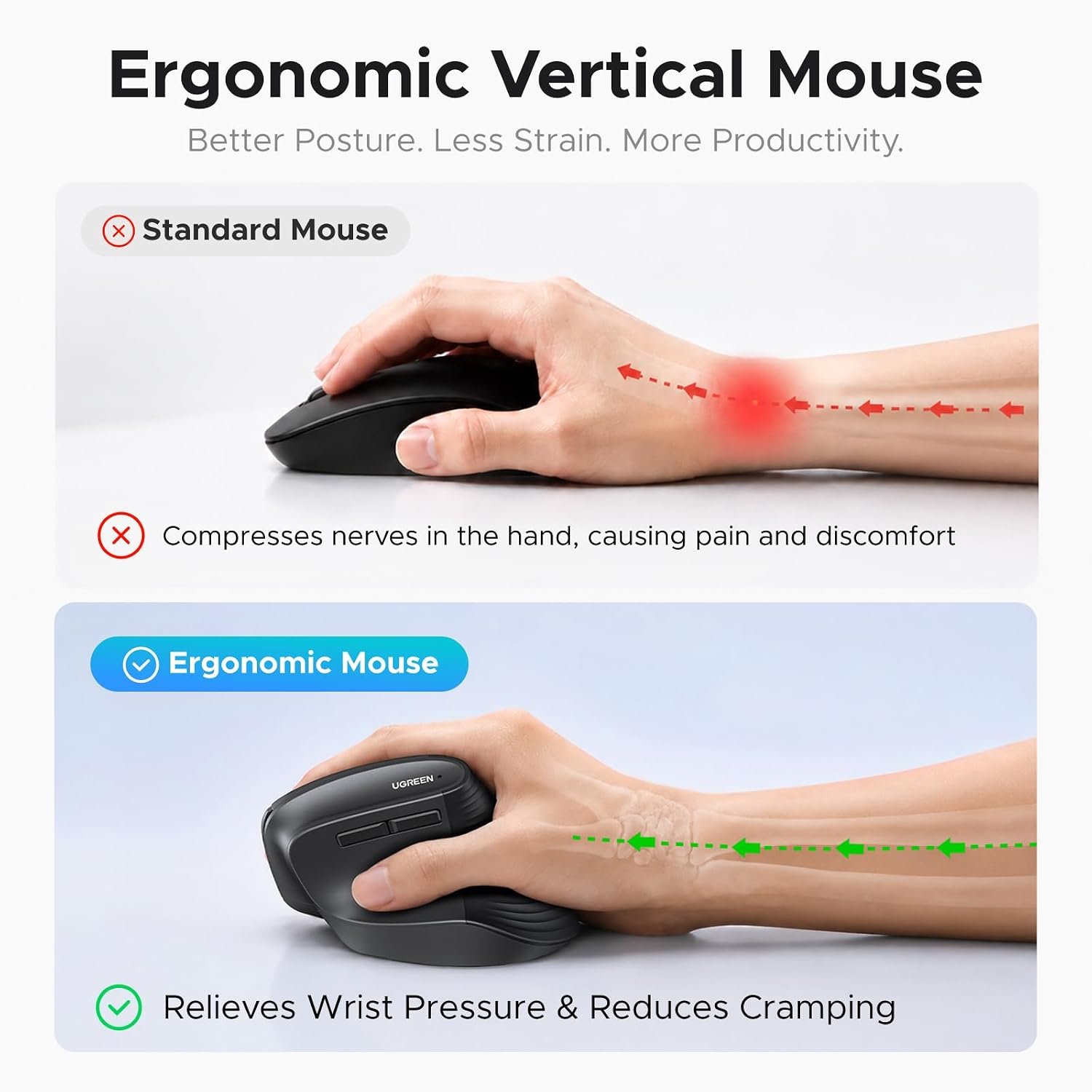 UGREEN Vertical Wireless Mouse BT5.4/2.4G Ergonomic 4000DPI 6-Button | Vertical wireless mouse, Bluetooth5.4/2.4G, ergonomic, 4000 DPI, 6 buttons, wrist relief, for PC Mac - Image 3