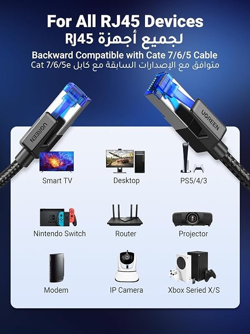UGREEN Cat 8 Ethernet Cable 1M 40Gbps Braided Double Shielded RJ45 Wire | 40Gbps Pure Corn Braided Interent Cable,For office/home/gaming,Compatible with Gaming Switch,PS3,PS4,PS5,PC,Router,TV,Xbox - Image 4