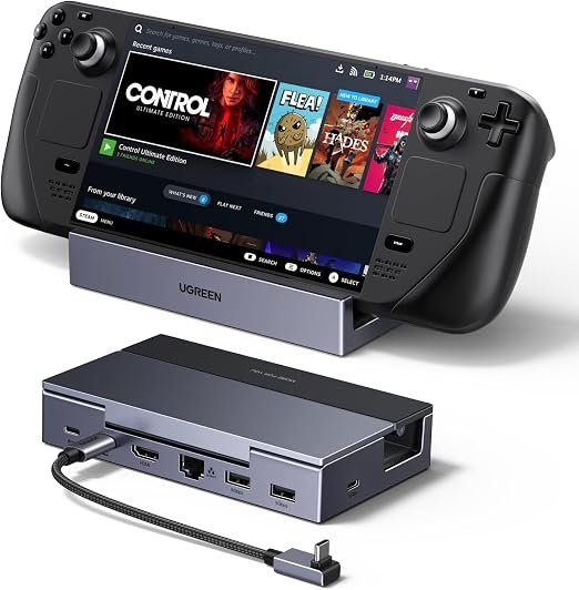 UGREEN Docking Station 6-in-1, 4K HDMI, Ethernet, Type A& C 3.0, 100W PD | 100W PD, USB-A & USB-C 3.0, Gigabit Ethernet, Adjustable Folding Stand for Gaming Handhelds, Laptops, and MacBooks
