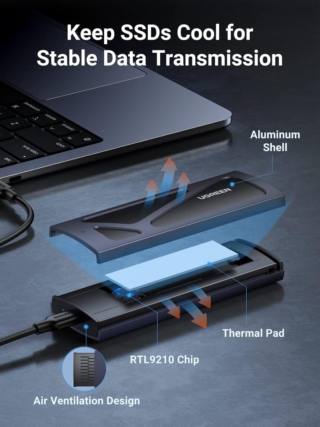 UGREEN M.2 NVMe Enclosure SSD Adapter 10Gbps USB C 3.2 Gen2 Black | Tool-Free External Enclosure NVMe PCI-E Reader SSD External USB Adapter Supports M/B&M Keys Size 2230/2242/2260/2280 SSDs - Image 5