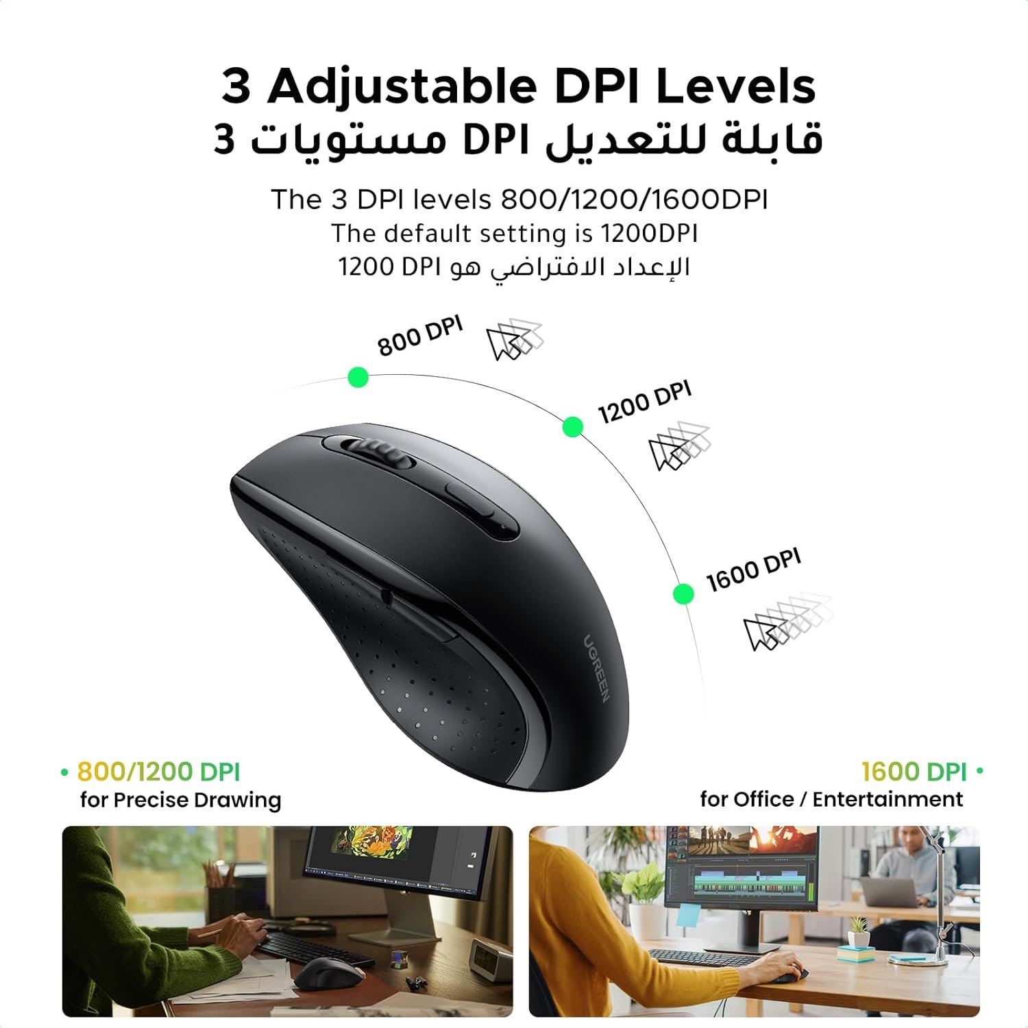 UGREEN Wireless Mouse, 2.4GHz Stable Connection, Ergonomic Silent Mouse, 5-Button with 3 Adjustable DPI (800/1200/1600), Compatible with Windows, macOS, iOS, Android, Linux - Image 4