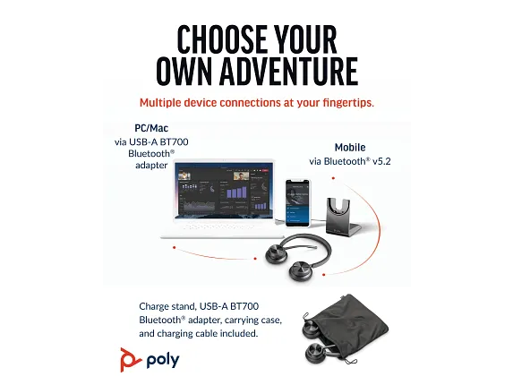 Poly Voyager 4320 UC Stereo USB-A Headset +BT700 USB-A Adapter +Charging Stand - Image 4
