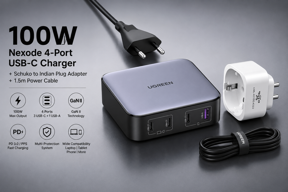 UGREEN Nexode 100W 4-Port GaN II Desktop Charger with 3 USB-C, USB-A, 1.5m EU Power Cord & India Plug Adapter (90928) - Image 5