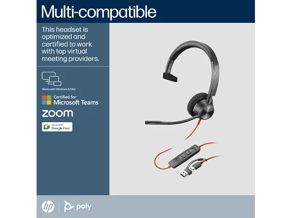 Poly Blackwire 3310 Monaural Microsoft Teams Certified USB-C Headset +USB-C/A Adapter - Image 5