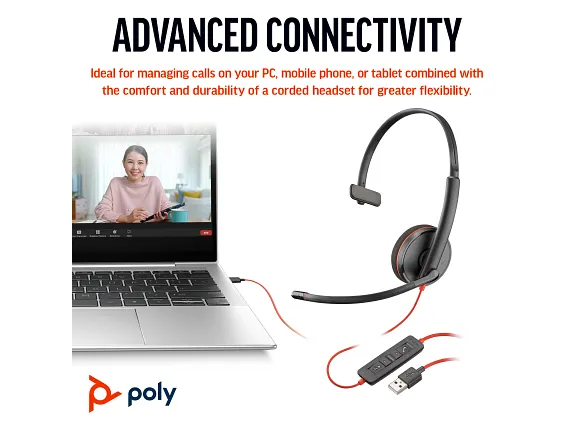Poly Blackwire 3210 Monaural USB-C Headset +USB-C/A Adapter - Image 3