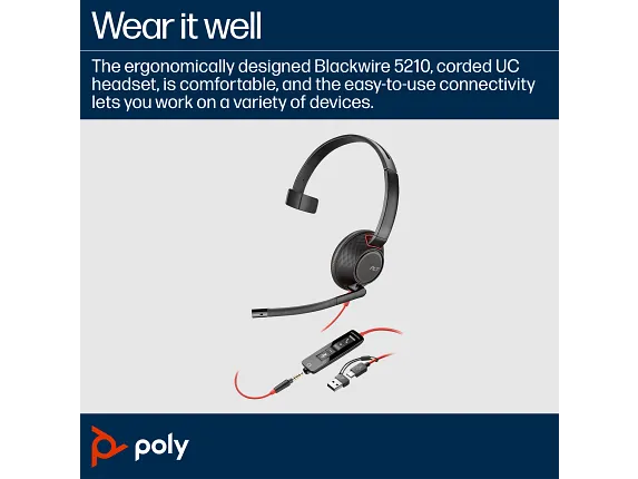 Poly Blackwire 5210 Monaural USB-C Headset +3.5mm Plug +USB-C/A Adapter - Image 2