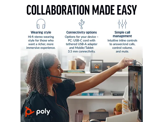 Poly Blackwire 3225 Stereo USB-C Headset +3.5mm Plug +USB-C/A Adapter - Image 4